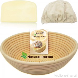 WALFOS 10 Round Banneton Proofing Basket Set - 100% NATURAL RATTAN French Style Artisan Bread Bakery Basket Dough Scraper/Cutter & Brotform Cloth Liner Included - For Professional & Home Bakers - B07D2C1LB4